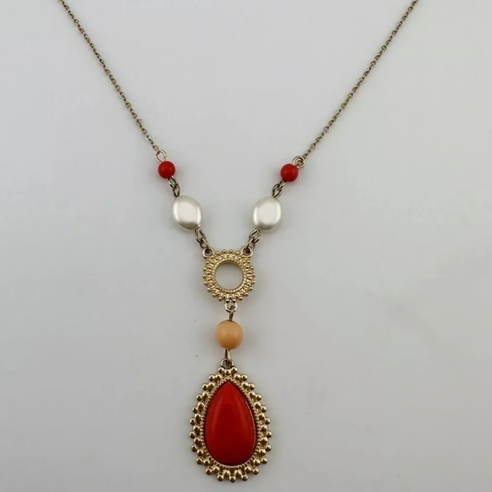 Avon Faux Pearls Orange Acrylic Beads Teardrop Pendant 16” Gold Tone Necklace
